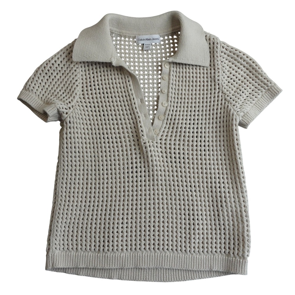 90s Calvin Klein Crochet Polo Shirt Womens XS Beige Cotton Open Knit Beachy Boho